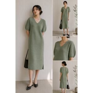 Hussein Chalayan Italy Yarn Knit Dress Green Short Sleeve Minimalist NWT Size M
